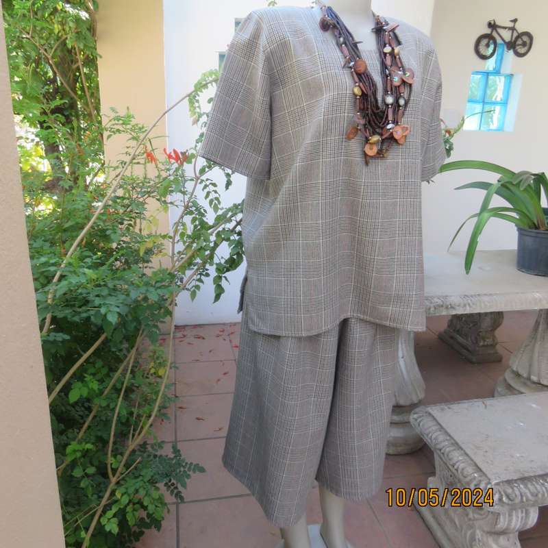 Tartan cream/brown/blue check culotte pantskirt and short sleeve box style top. 44/20.Owner made
