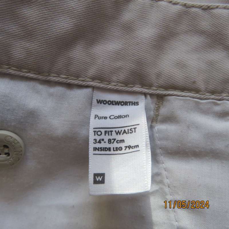 WOOLWORTHS pure cotton light beige Chino pants size 34. Inner leg 77cm. Pockets sides/back.As new