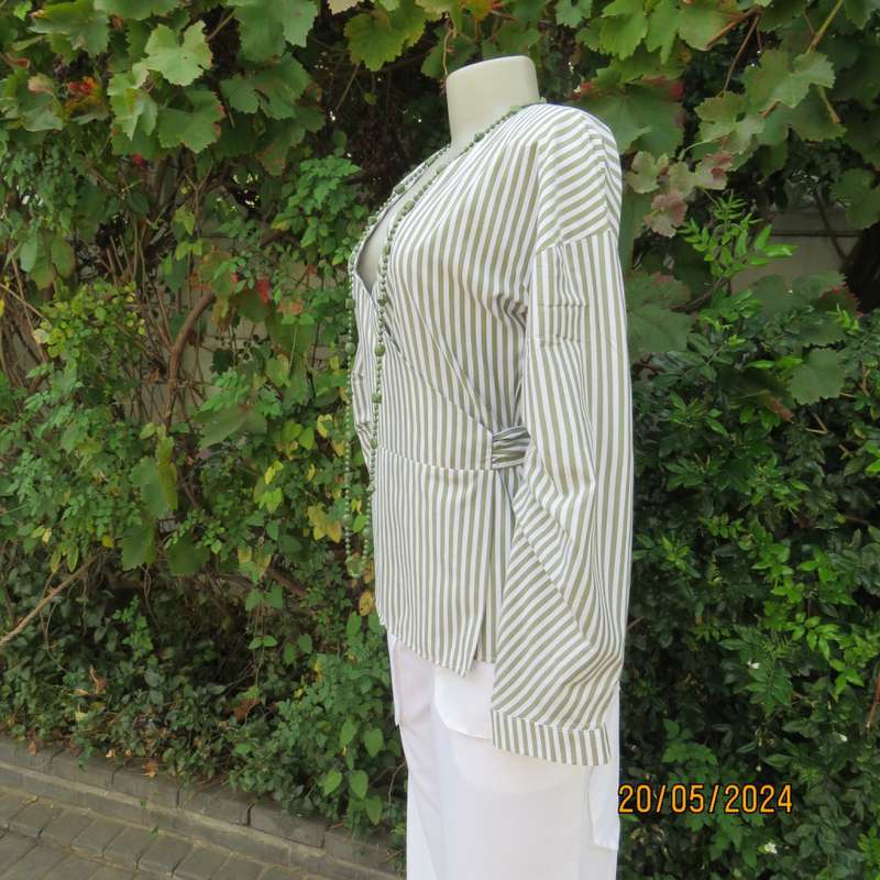 Look at me fold over V neck polycotton peplum style top. White/olive stripes. Unique sleeves.Size 34