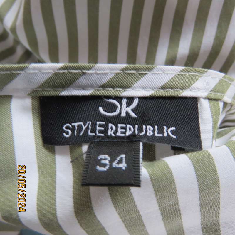 Look at me fold over V neck polycotton peplum style top. White/olive stripes. Unique sleeves.Size 34