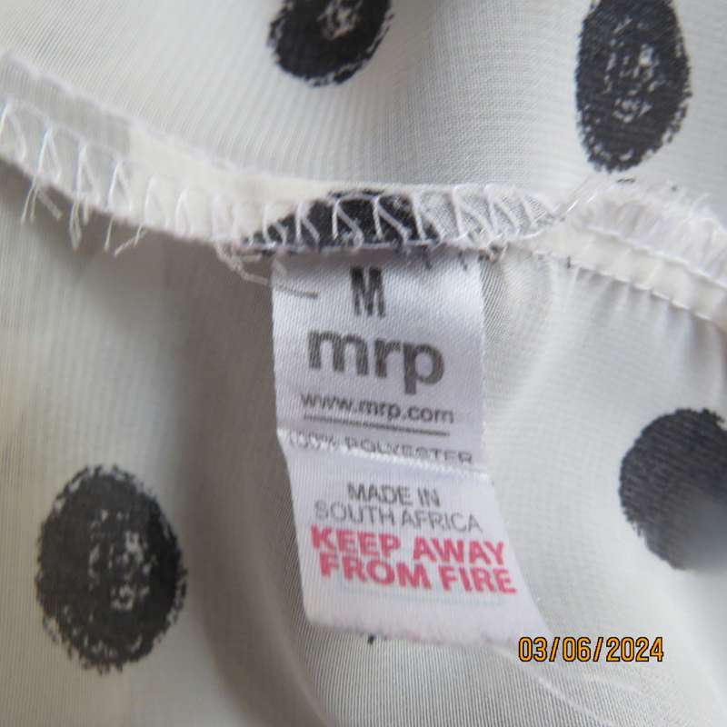 Pretty white sheer poly/black polkadot long sleeve top by RT size 36. Black collar, cuffs, front.