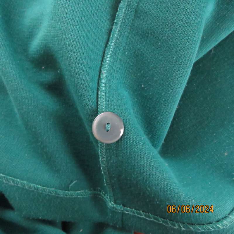 Smart, warm dark green jade polyester knit double breast collerless jacket by WOOLWORTHS size 42.