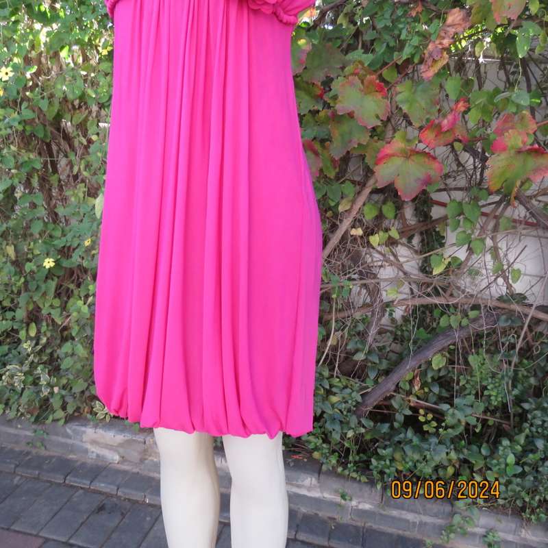 Sexy magenta pink balloon style strappy dress in 2 layer stretch polyester fabric. By MILA size 34.