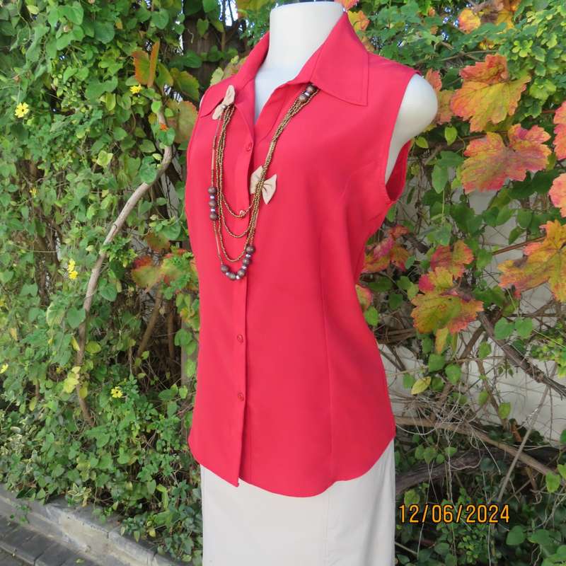 Sweet, red, button down tailored top in silky polyester. Size 36. Open collar. New condition