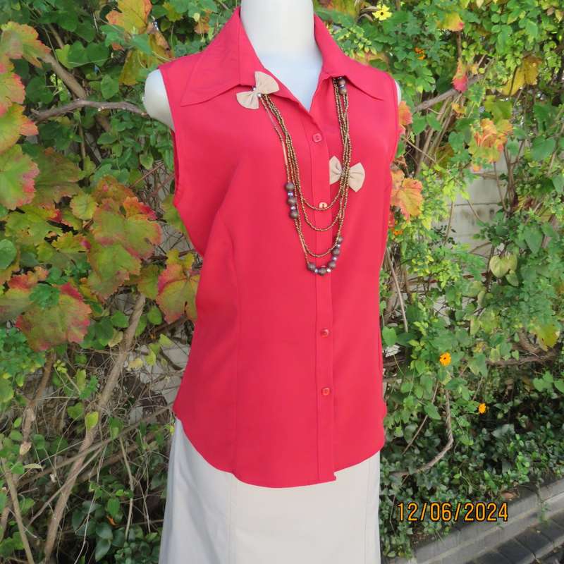Sweet, red, button down tailored top in silky polyester. Size 36. Open collar. New condition