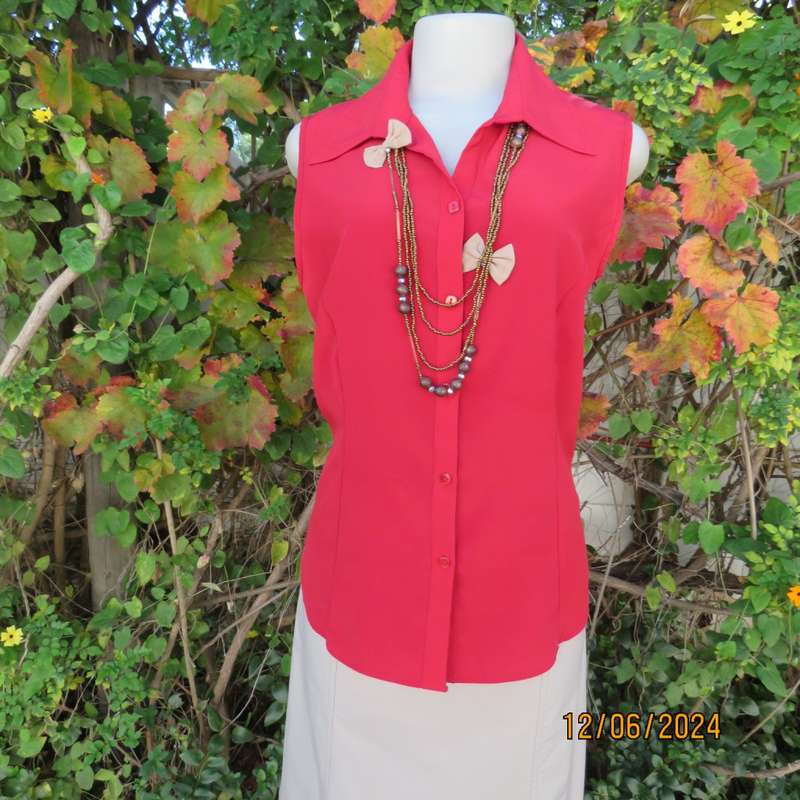 Sweet, red, button down tailored top in silky polyester. Size 36. Open collar. New condition