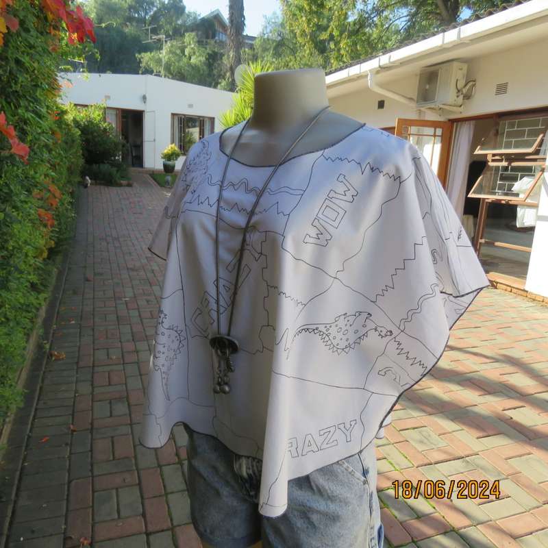 Unique white halfmoon polycotton top with black dragons/logos.Slip over. Free size. As new
