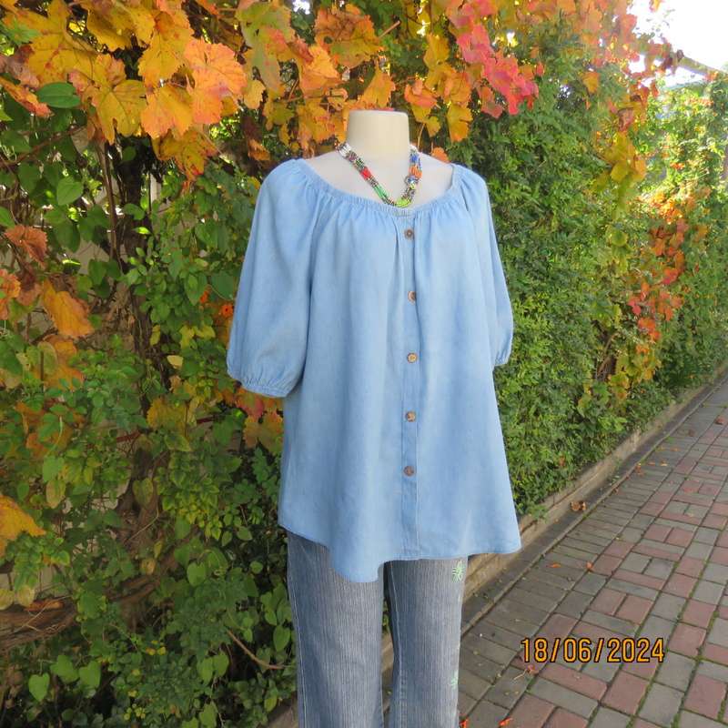 Stunning blue denim slip over short sleeve top. Wide elasticated neckline. By BE YOURSELF.Size 42/44