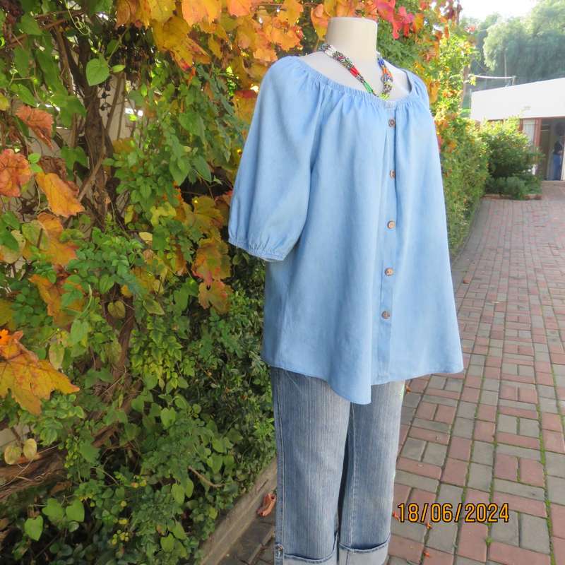 Stunning blue denim slip over short sleeve top. Wide elasticated neckline. By BE YOURSELF.Size 42/44