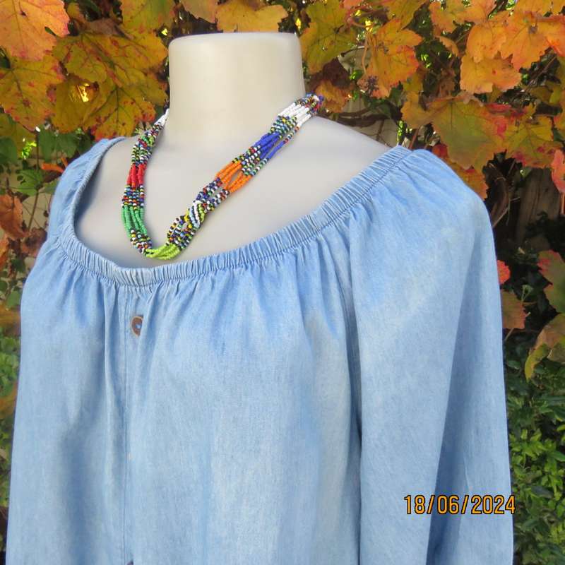 Stunning blue denim slip over short sleeve top. Wide elasticated neckline. By BE YOURSELF.Size 42/44