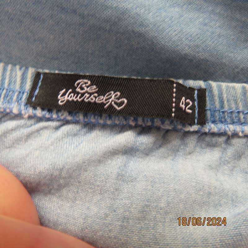Stunning blue denim slip over short sleeve top. Wide elasticated neckline. By BE YOURSELF.Size 42/44