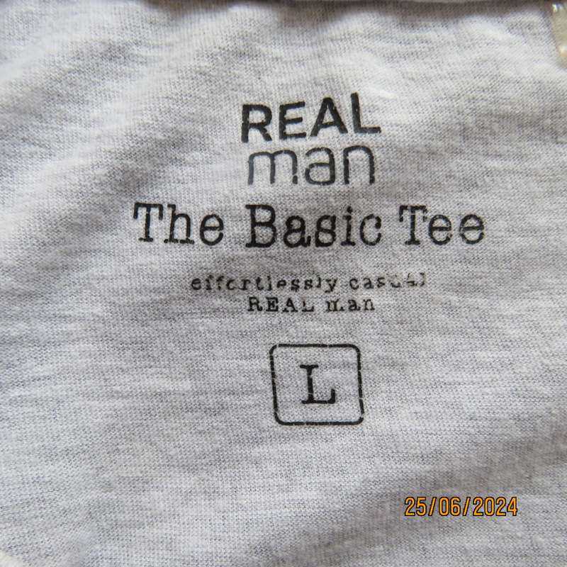 REAL Man - The Basic Tee. Light grey with short sleeves size Large. Polycotton. New condition.