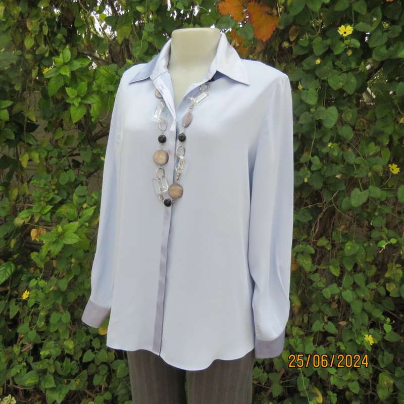 Stunning luxury cornflower blue silky soft polyester long sleeve top. Satin collar/cuffs ext.Size 40