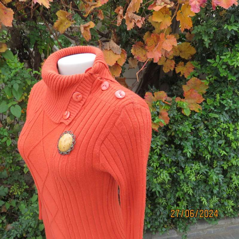 Burnt orange long sleeve poloneck sweater, size 34. Rayon/acrylic knit.