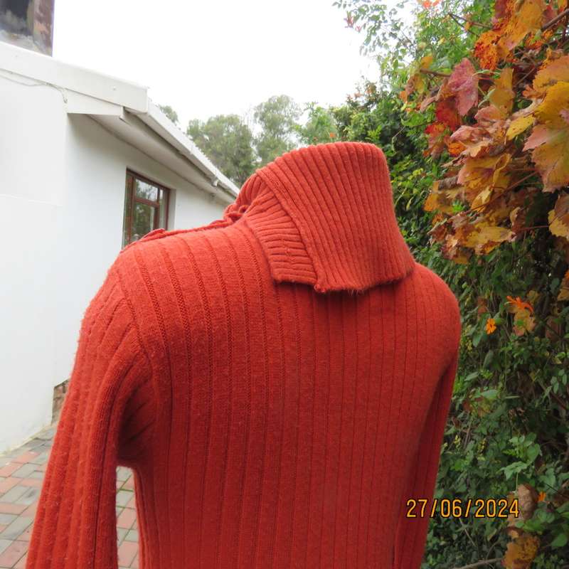 Burnt orange long sleeve poloneck sweater, size 34. Rayon/acrylic knit.