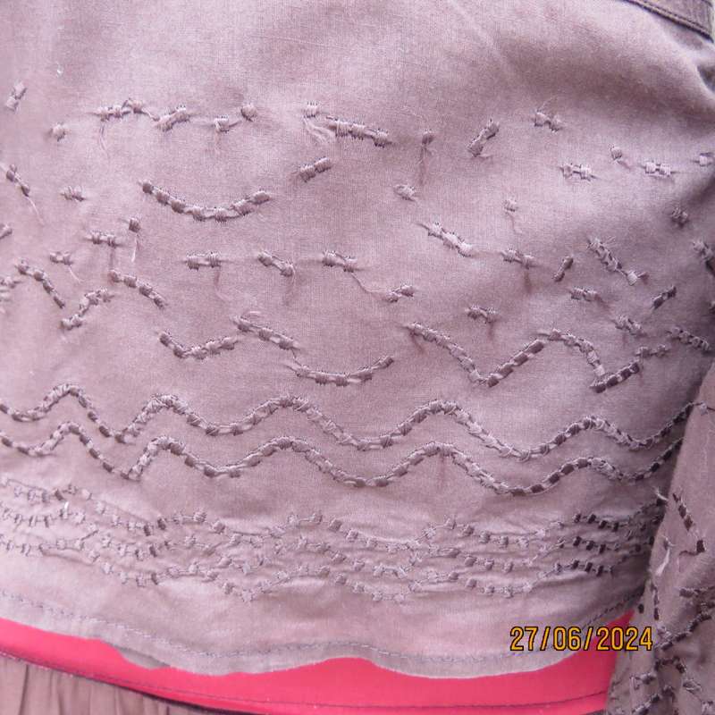 Attractive med brown fold over peplum long sleeve top by SPIRIT from IRELAND. Size 37.Embroidered.