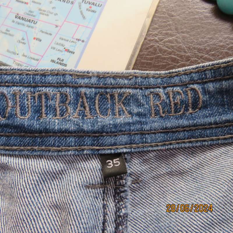 Men`s blue denim jean shorts by OUTBACK RED size 35. Pockets galore. As new condition.