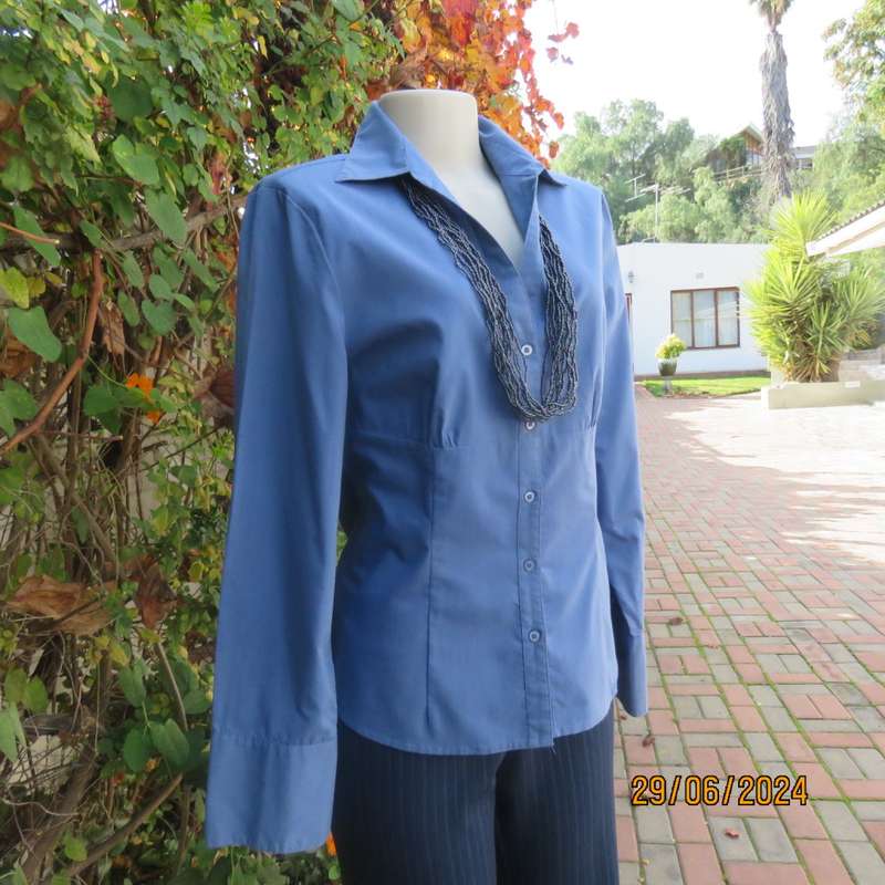 Cobalt blue polycotton stretch long sleeve/wide cuff top size 38 by FREE2BU.Empire front.As new.