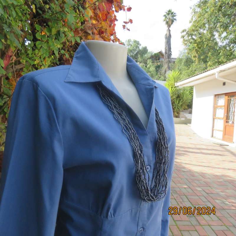 Cobalt blue polycotton stretch long sleeve/wide cuff top size 38 by FREE2BU.Empire front.As new.