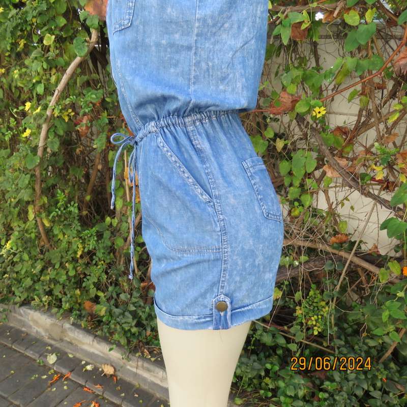 Sexy blue denim romper suit size 34 by NEW FEELING. Polycotton. With 6 pockets.Drawstring waist.