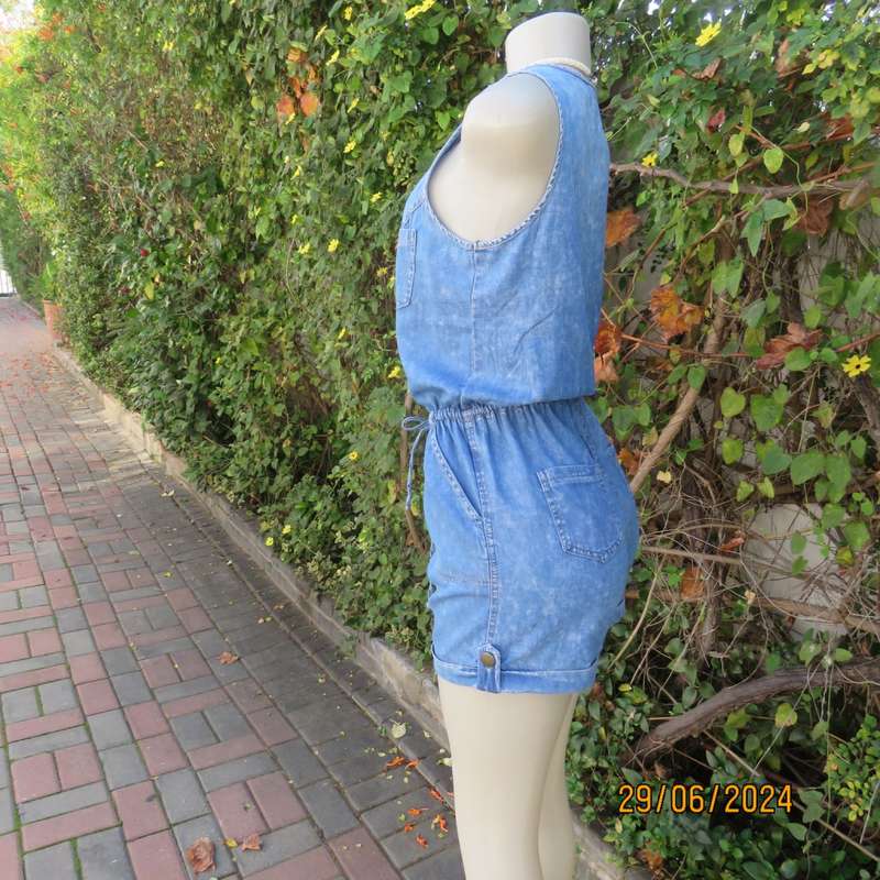 Sexy blue denim romper suit size 34 by NEW FEELING. Polycotton. With 6 pockets.Drawstring waist.