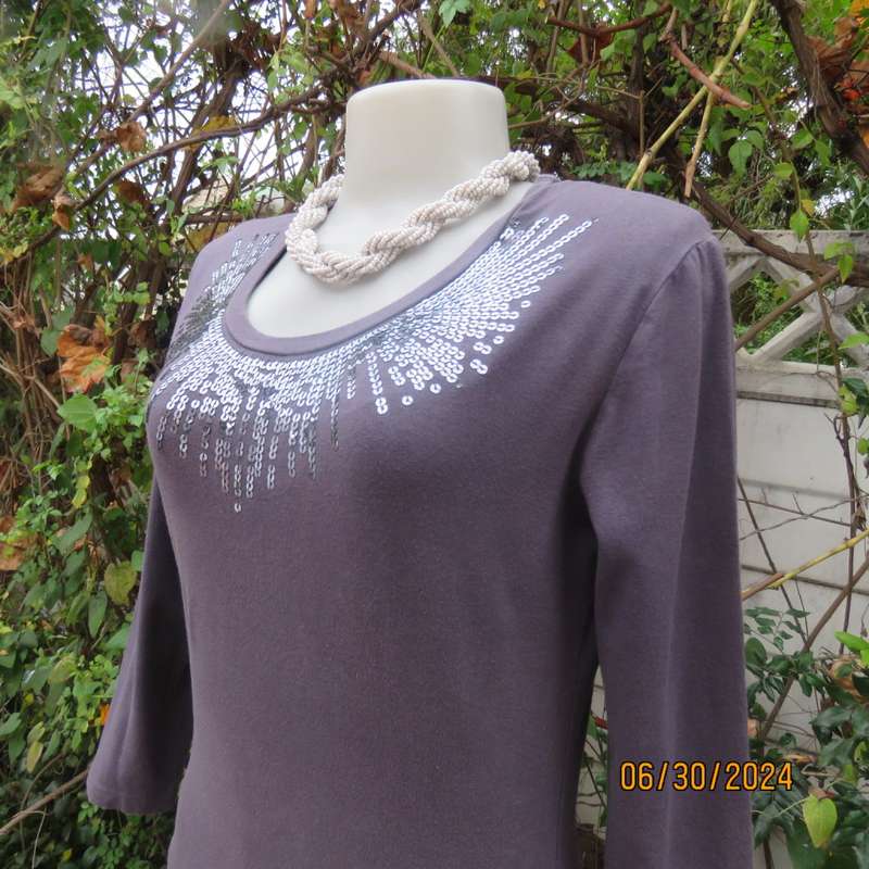 Fabulous long grey cotton stretch evening/day wear long sleeve top.Sequin decoration. By KELSO 34/36