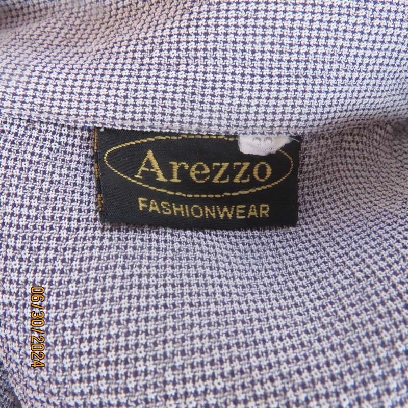 Luxury fine check textured polyester button down top in white/blue. By AREZZO 40. Lace decoration.
