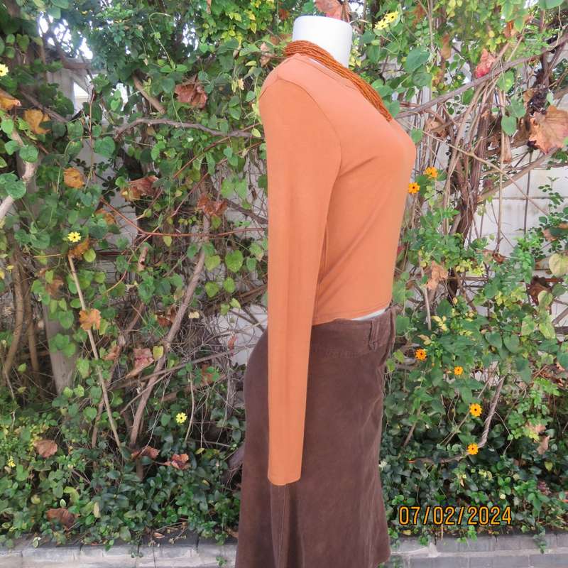 Cropped long sleeve beautiful rust colour viscose stretch top. Scooped neckline.Size 34 to 36.As new
