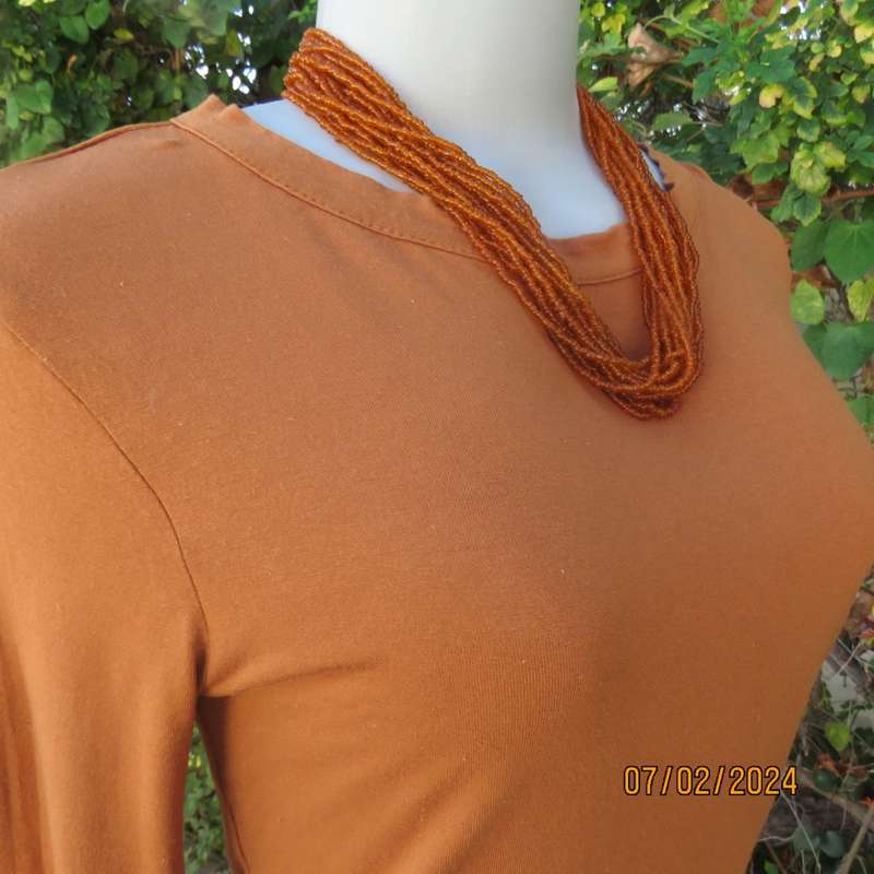 Cropped long sleeve beautiful rust colour viscose stretch top. Scooped neckline.Size 34 to 36.As new