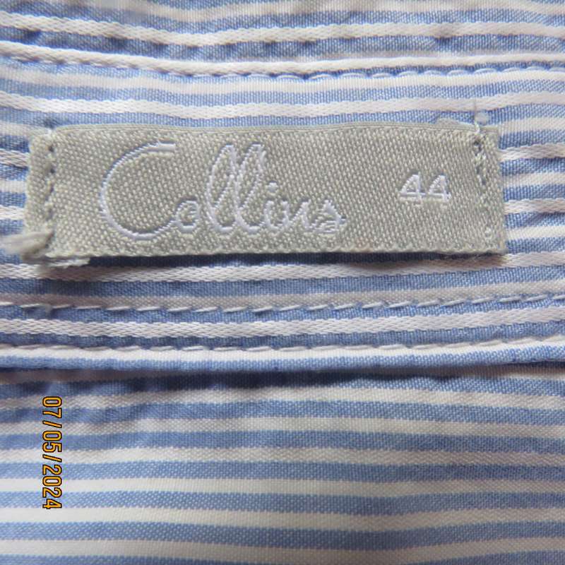 Smart casual blue/white embossed vertical striped polycotton top. By COLLINS Australia. size 44.