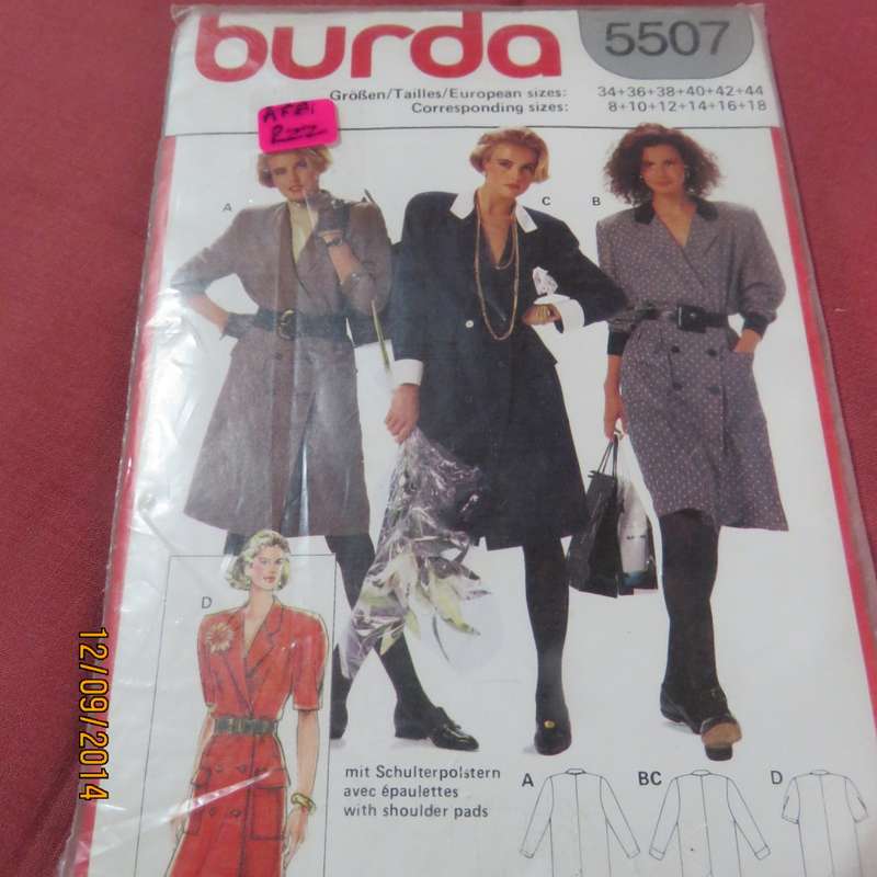Sewing pattern by BURDA for coatdress size 34 to 44.  In new condition. Pattern no 5507