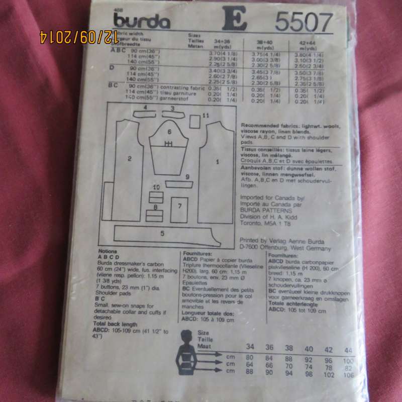 Sewing pattern by BURDA for coatdress size 34 to 44.  In new condition. Pattern no 5507