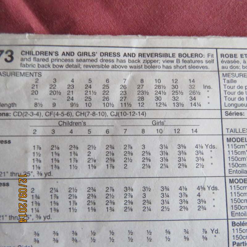 Sewing pattern for girls special dress with bolero and bow. McCALLS 7573. Age 2 to 14. Complete.