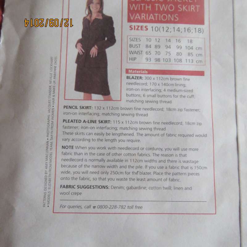 Sewing pattern for classic jacket and 2 skirt variations by VALUE Classics. Size 34 to 42. As new