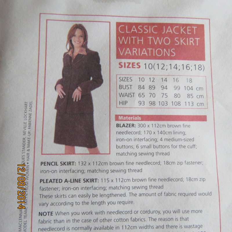 Sewing pattern for classic jacket and 2 skirt variations by VALUE Classics. Size 34 to 42. As new