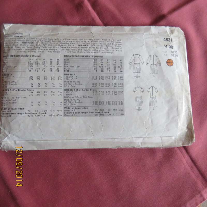 Sewing pattern by BUTTERICK 4831 for vintage dress size 36/12. In very good condition.