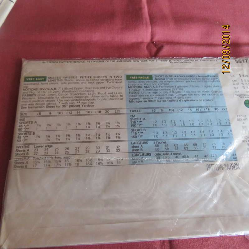Sewing pattern by BUTTERICK 5517 for ladies short 2 versions in size 42 to 46. As new