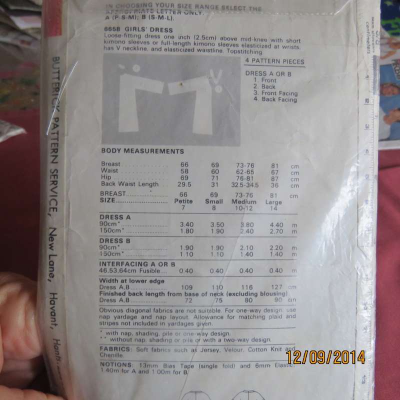 Sewing pattern by BUTTERICK 6658 for 7 to 12 yr old girl. Easy to make 4 pieces dress. Very good con