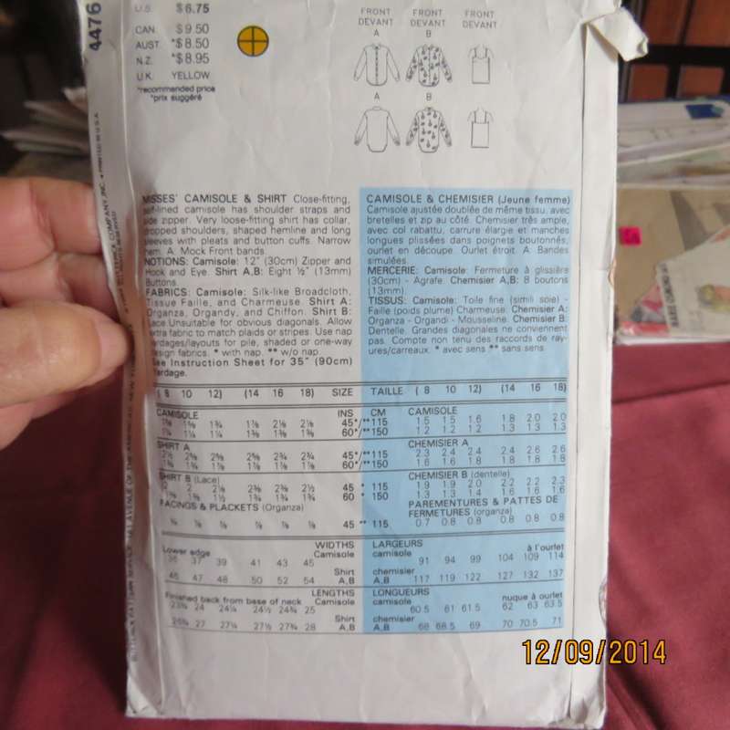 Sewing pattern by Butterick 4476 for beautiful 3 version blouse for size 38 to 42. Good condition.