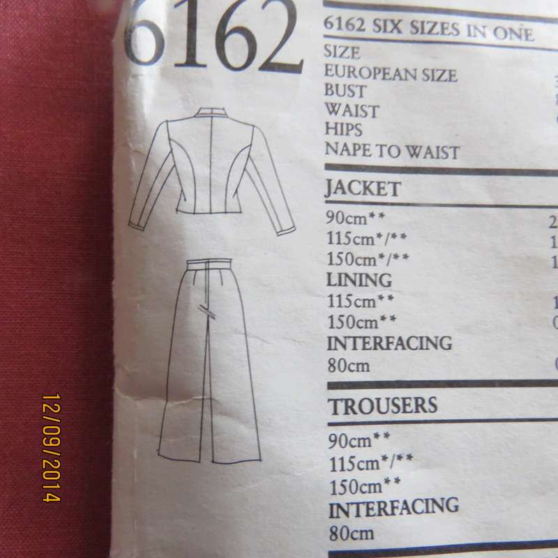 Sewing pattern by NEW LOOK 6162 for pants and jacket sizes 34 to 44. Good condition