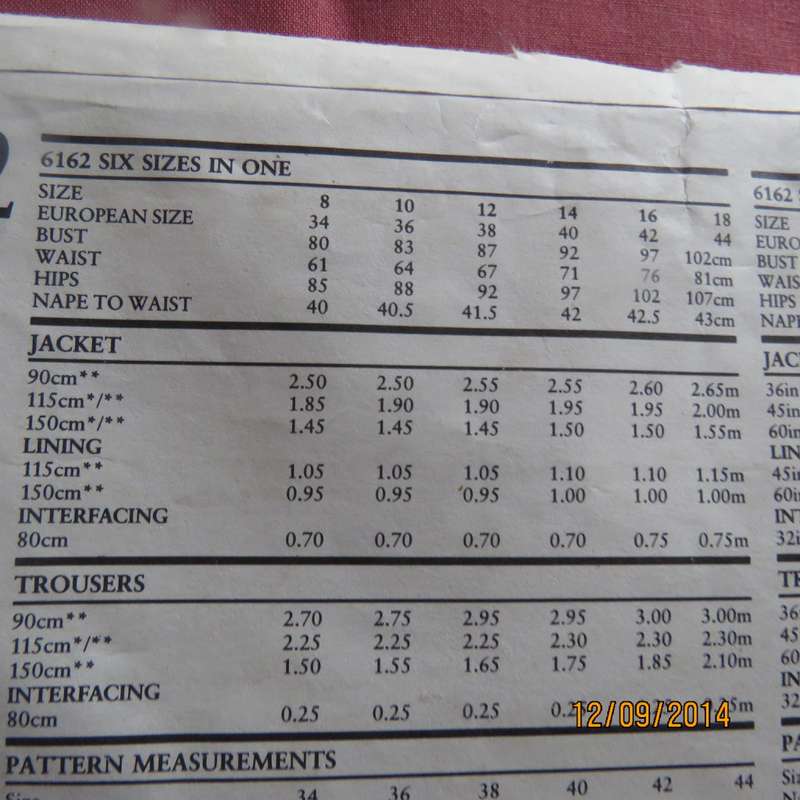 Sewing pattern by NEW LOOK 6162 for pants and jacket sizes 34 to 44. Good condition