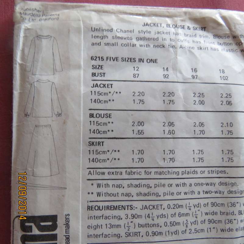 Sewing pattern by NEW LOOK 6215 for Chanel style jacket blouse and skirt. Good condition