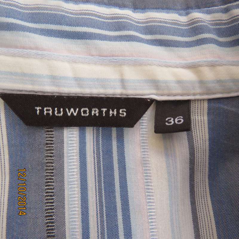 Beautiful fold over top with V and collar by TRUWORTHS size 36. Blue/white/navy stripes. As new