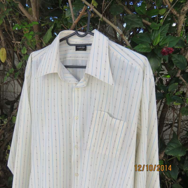 Good quality Men's CAMBRIDGE long sleeve cream striped shirt. One pocket. Used but good cond.