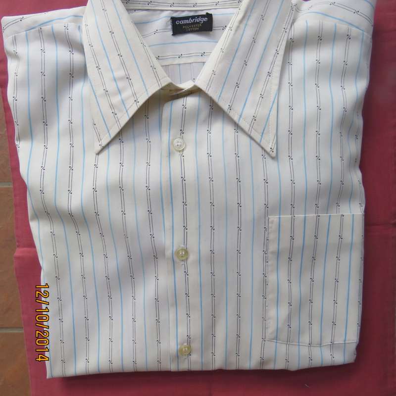 Good quality Men's CAMBRIDGE long sleeve cream striped shirt. One pocket. Used but good cond.