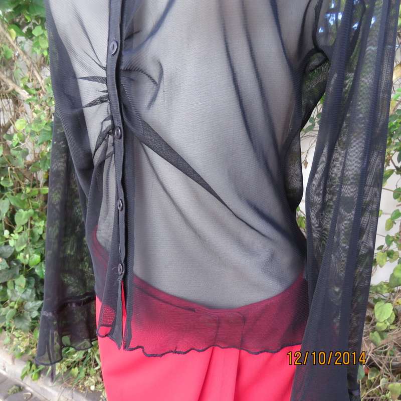 Chic black sheer polyester button down top/open collar. Pretty flare cuffs on sleeves.Size 36.As new