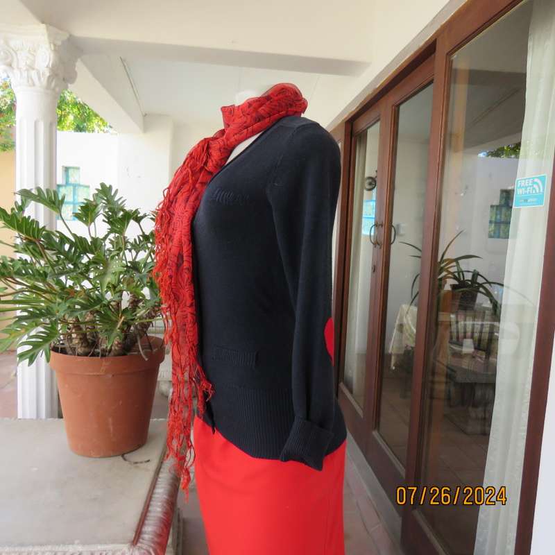 Cute,navy long sleeve knitted acrylic cardigan with red hearts on elbows! Size 34 INWEAR.Button down