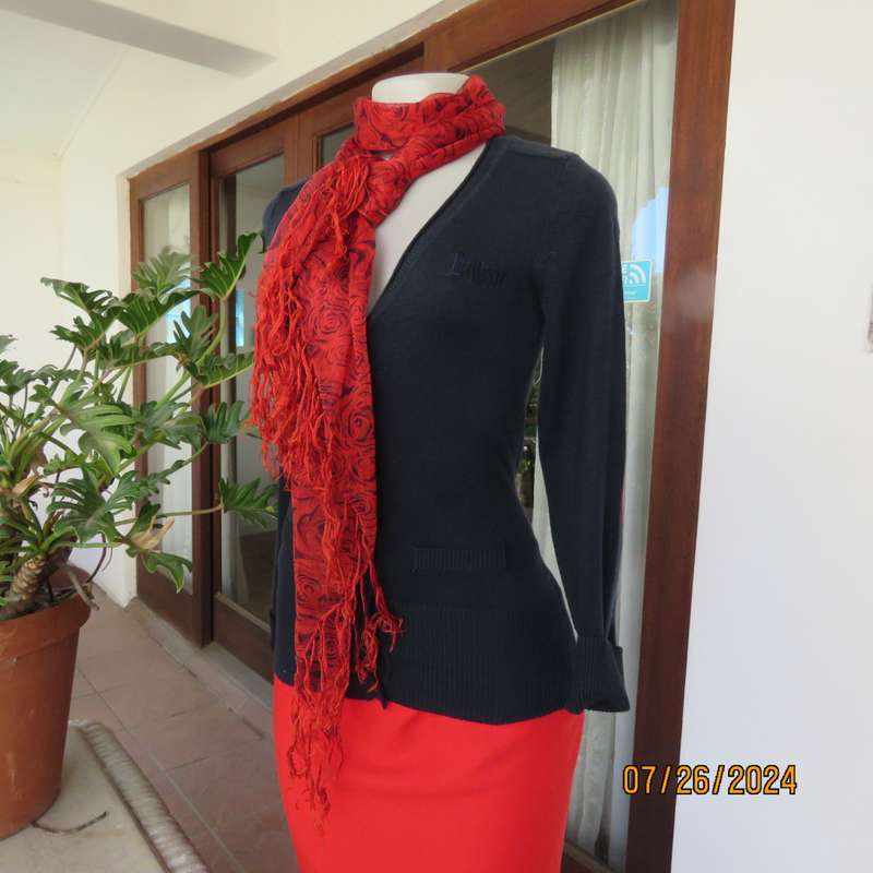 Cute,navy long sleeve knitted acrylic cardigan with red hearts on elbows! Size 34 INWEAR.Button down