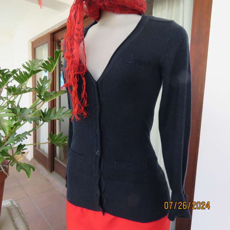 Cute,navy long sleeve knitted acrylic cardigan with red hearts on elbows! Size 34 INWEAR.Button down