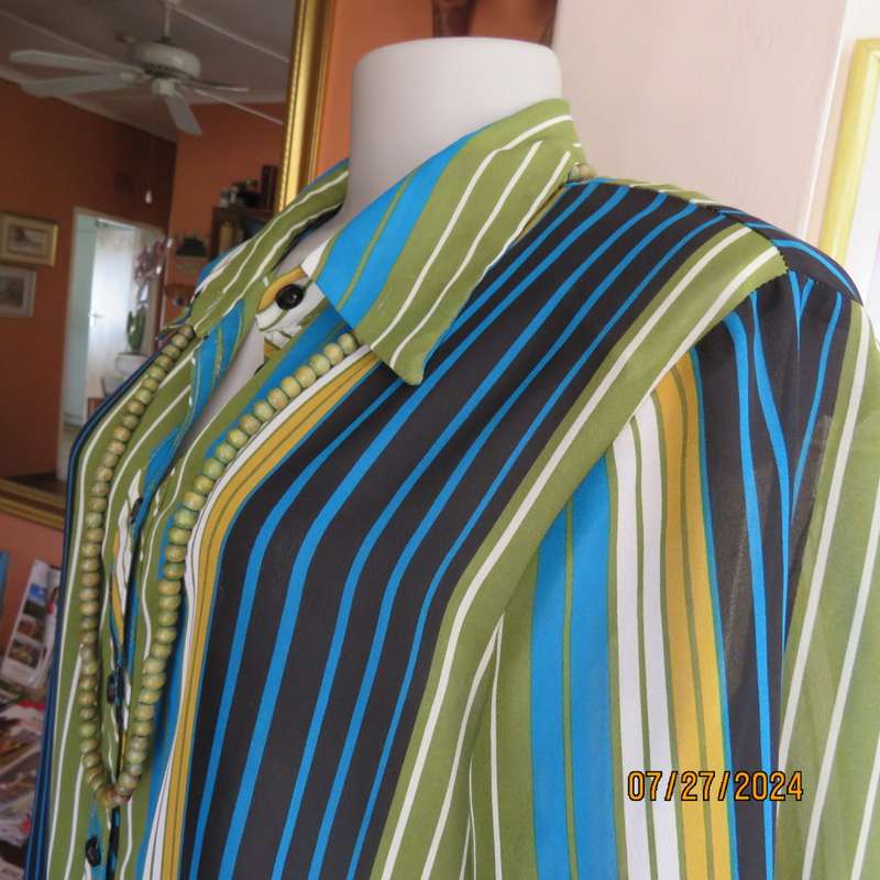 Fabulous DONNA CLAIRE size 42 blue/green/mustard/black vertical striped polyester top. Brand new con